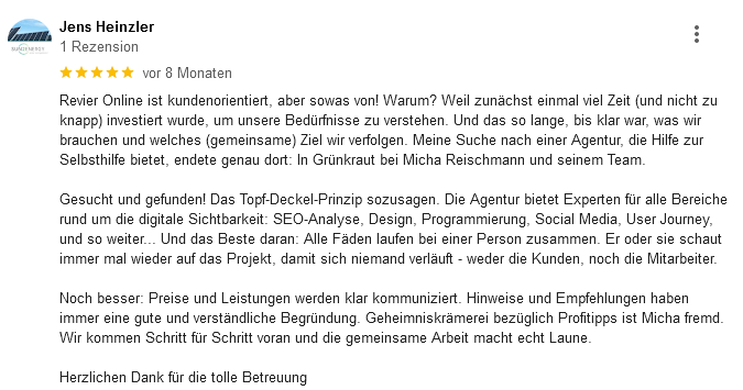 5 Sterne Google Bewertung von revier als SEO Agentur