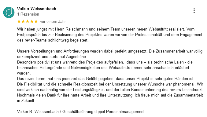 5 Sterne Google Bewertung von revier als SEO Agentur